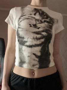 Harajuku Animal Print Crop Top Basic White Short Sleeve Crewneck T-shirt Women Casual Slim-fitting Tees Lady y2k Vintage