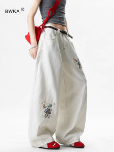 White Daisy Printed Wide Leg Jeans Womens Casual High Waist Cotton Blend Autumn Fashion Vintage Multi Pocket Knife Cutout