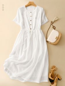 Elegant White Embroidered Cotton Linen Midi A-Line Skirt Dress Women Summer Fashion Anti-Aging Loose Waist Gored Hem