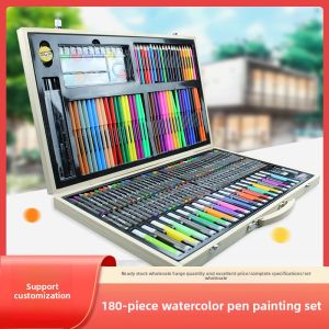 180-Piece Wooden Box Watercolor Pen Set Student Gift Box Colorful Drawing Pens Large Package Deal round Bar Student Supplies