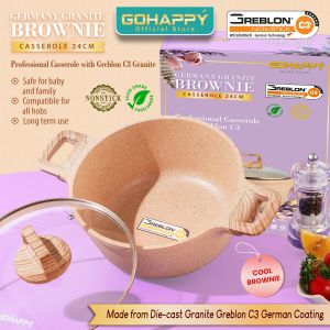 PANCI CASSEROLE Tutup Kaca 24cm GOHAPPY GERMANY GRANITE COOL BROWNIE dutch oven Anti Lengket Bahan GREBLON C3 JERMAN Anti lengket & bebas PFOA