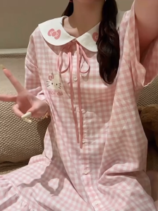 Hello Kitty Sleepwear Womens Pink Plaid Nightgown with Ruffled Collar and Hem
