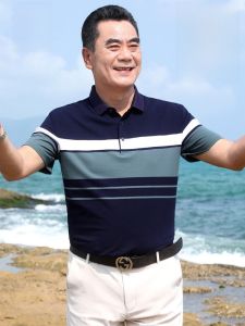 ROMON | Lomond Mens Short Sleeve Polo Shirt Summer Thin Casual Business Cotton Ice Silk T-Shirt Dad Clothes Standard Fit Summer Wear