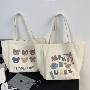 Large Capacity Canvas Shoulder Bag Womens Yoga Sports Book Bag Tote Bag Casual Versatile Artistic Bear Handbag