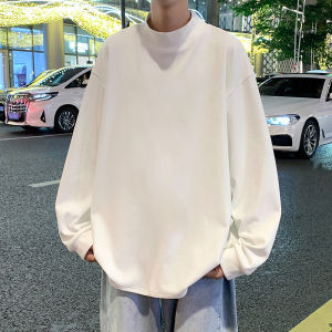 Mens Long Sleeve Base Shirt Half High Neck Knitted Sweater Pure Color Hong Kong Style Dervo Casual Wear for Autumn Winter