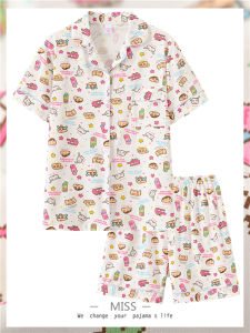 ชุดนอนคู่รัก แขนสั้น กางเกงขาสั้น ผ้าฝ้ายถัก ฤดูร้อน 2024 ใหม่ ชุดนอนผู้หญิง ลายการ์ตูน ชุดอยู่บ้าน สไตล์นักเรียน