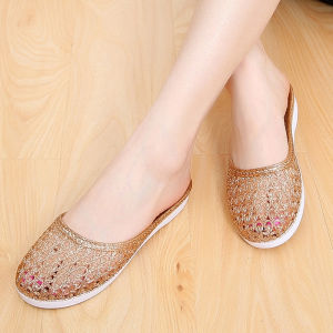 Thick Bottom Anti-Slip Slippers Womens Summer Indoor Outdoor Wearable Bathroom Slippers Crystal Hollow Carving Casual Slippers