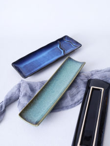 Japanese Style Ceramic Creative Sushi Dessert Plate Long Rectangle Grid Design Boat Shape Dinner Plate Simple Pure Color Dishware