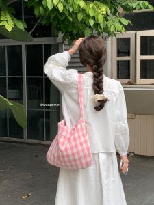 Original Spring Overture Pink Gingham Cotton Canvas Bag Casual Easiest for Match Shoulder Bag Milk Blue Plaid Tote Bag
