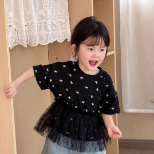 2026 New Spring Girls T-shirt Children Clothes Tops 2-7T Thin Korean Baby Mesh Bottoming Shirt Sweet Bow Kids Short Sleeve