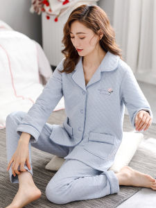 Air Cotton Pajamas Womens Spring and Autumn Thick Pure Cotton Long-Sleeved Home Wear Autumn and Winter Sandwich Quilted
