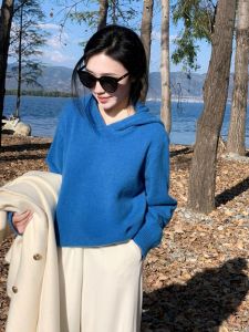 BINKAFENNY | เสื้อสเวตเตอร์ถักมีฮู้ดแบบสวมหัวสีน้ำเงิน Klein สำหรับผู้หญิง ฤดูใบไม้ร่วง/ฤดูหนาว เสื้อคลุมกันหนาวแบบหนาสำหรับใส่กลางแจ้ง เสื้อคลุมแบบลำลอง