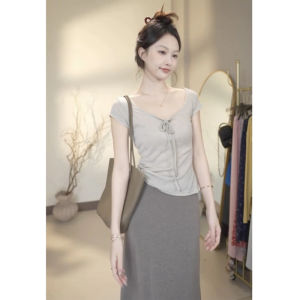 YUEZHONGWEI | Yellow U-neck Short Sleeve T-shirt Womens Summer Unique Beautiful Waist-cinching Initial Slim-fit Short Style With Belt