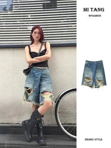 High Waist Denim Shorts Womens Summer Loose Fit Hole Punching Hot Girl Blue Thin Jeans Material Five Inches Pants