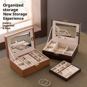 Luxury high-end gold jewelry box with faux wooden walnut grain leather design for storing jewelry items.