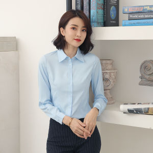 เสื้อเชิ้ตแขนยาวสีฟ้าขาว ทรงสลิมฟิต สำหรับผู้หญิง ผ้าฝ้าย เสื้อเชิ้ตทรงตรง ทรงลำลอง ป้องกันการยับ ทรงเข้ารูป