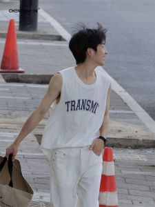 เสื้อกั๊กแขนกุดคอตตอนแท้ ทรงหลวม สำหรับผู้ชาย ฤดูร้อน 2024 แขนกว้าง แขนกุด สไตล์บาสเก็ตบอล สวมใส่สบาย ลำลอง