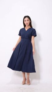 Urban Exchange Jasmine Dress Navy - Midi Dress Puff Sleeves