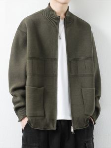 ROMON | Lormen Mens Open Cardigan Sweater Thickened Casual Warm Stand Collar Knitted Outerwear Winter Fashion City Style Long Sleeve Loose Fit