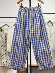 กางเกงทรงหลวม Harem ผ้าฝ้ายลินินลายสก็อตสำหรับผู้หญิง กางเกงขายาวลำลองทรงสลิมฟิต ทรงเอวกลาง ความยาวปานกลาง