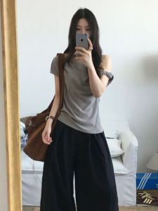 YUEZHONGWEI | American Style Spicy Girl Shoulder Bared Grey Knot Short Sleeve T-Shirt Women Summer New Slim Fit Exposed Shoulder Top