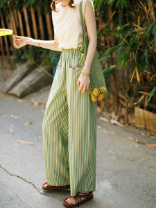 High Waist Straight Leg Casual Pants Womens Green Stripe Color Buckle Nine Points Loose Elastic Waist Cotton Blend Summer