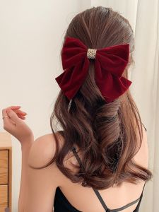 Kẹp Tóc Nhún Nhảy Màu Đỏ Rượu Vang Velvet Butterfly Chain Kẹp Tóc Cỡ Lớn Cho Phụ Nữ Phía Sau Tai Vào Ngày Lễ Giáng Sinh