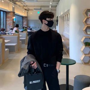 Mens round Neck Knitwear Warm Inner Shirt Base Layer Shirt Korean Style Lazy Fashion Slim Fit Winter Thermal T-Shirt