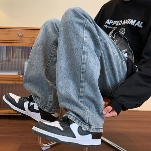 Washed Blue Mens Jeans Loose Casual Straight Leg Long Pants High Street Vintage Harajuku Style Summer Fashion Youth Trend