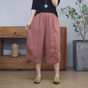 Retro Artistic Cotton Linen Casual Seven-Foot Pants Women Loose Slimming Straight Wide Leg Pants Summer New Arrival