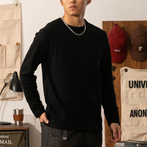 American Retro 300g Heavyweight Pure Cotton Long Sleeve T-Shirt Mens Brown round Neck Base Shirt Spring Autumn New Style