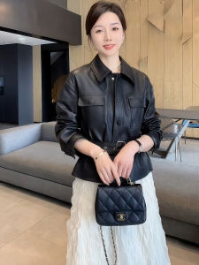 Black Slimming Waist-Cinching PU Leather Jacket for Women