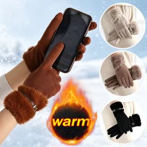 Faux Suede Five Finger Gloves Soft Lining Fleece Trim Adjustable Buckle Outdoor Driving Cycling Daily Wear