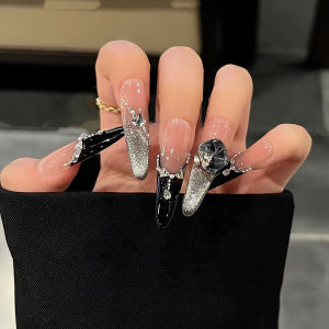 เล็บประดับเพชรแบบฝรั่งเศสสีดำ กิ๊บติดเล็บสไตล์นกแมว ประดับเพชร K9 ประดับเล็บแบบสวมใส่ทำมืออย่างหรูหรา