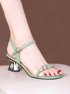 Fashionable Diamond Embellished Leather mid Heel Open Toe Sandals Womens Summer Large Size Shoes Chain Detail Buckle Strap