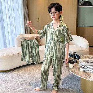 Boys Summer Ice Silk Thin Three-Piece Sleepwear Set Comfortable Breathable Home Clothes for Teenagers And Older Children