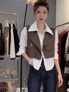 Womens Stripe Shirt Jacket Vest Set Autumn New Style Versatile Design Sense Two-Piece Suit Commute Zipper Short Length Solid Color