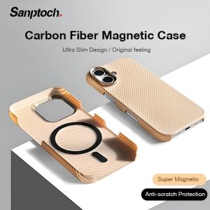 Sanptoch For Magsafe Ultra Slim Carbon Fibre Phone Case For iPhone 16 15 14 13 Pro Max Matte Skin-friendly Back Cover For iPhone 16 Pro Max Pixel Pattern Protection Casing
