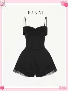 Black -inspired Mesh and Velvet Camisole Jumpsuit Waist-slimming