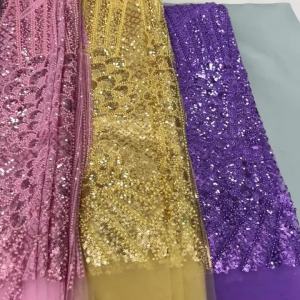 French Lace Fabric With Bead Sequins High Quality Tulle African Laces Fabric For Wedding Nigerian Tulle Lace Material F4208