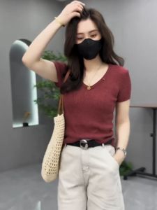 Elegant Ice Silk Short Sleeve Knitted Top Womens Summer Fashion Casual Unique Stylish Korean Version Slim Fit Solid Color
