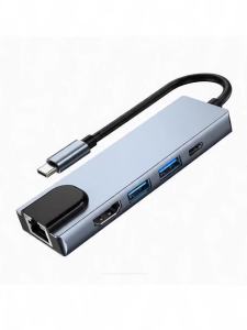 Đế Cắm Máy Tính Xách Tay Đa Chức Năng Type-C 5 Trong 1 Với Hub USB Card Mạng HDMI PD Truyền Dữ Liệu Tốc Độ Cao Xuất Video Chất Liệu Nhôm