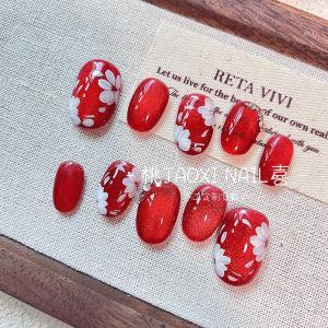 Handmade New Year Red Cat Eye Nail Art Enamel Flower Short round Wearable Nail Tips White Enhancing Beauty Nail Stickers