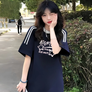 Áo Thun Cotton Tay Ngắn Mùa Hè Cho Bé Gái Dáng Rộng in Họa Tiết Phong Cách Hàn Quốc Tay Lửng Cổ Tròn