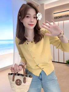 Early Autumn Thin French Style Long Sleeve Knitted Open Cardigan Womens Fashion Design Slim Fit Short Top Button Detail