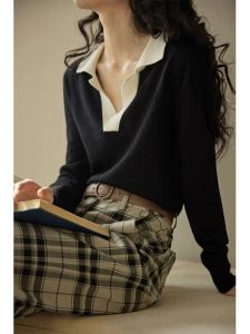 HUOLISI | Vintage French Black Collar Shirt Knit T-shirt