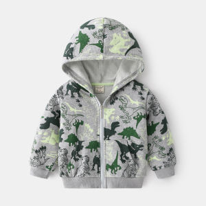 Spring Autumn Dinosaur Print Hoodie Jacket Childrens Casual Zipper Shirt Baby Boy Spring Outing Top Cotton Polyester Blend