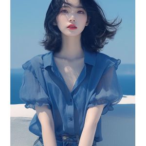 Early Summer Trendy Loose Blue Bubble Sleeve Chiffon Shirt Lazy Style French Atmosphere Small Batch Popular Small Top