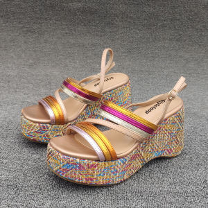 Colorful Thin Strap Open Toe High Heel Roman Sandals 2025 Summer Style Waterproof Platform Slope Heel Ethnic Women Shoes