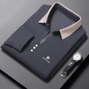 Pierre Cardin Mens Long Sleeve Silk Polo Shirt Casual Pure Color Iron-Free Business Casual Standard Fit Autumn Spring T-Shirt